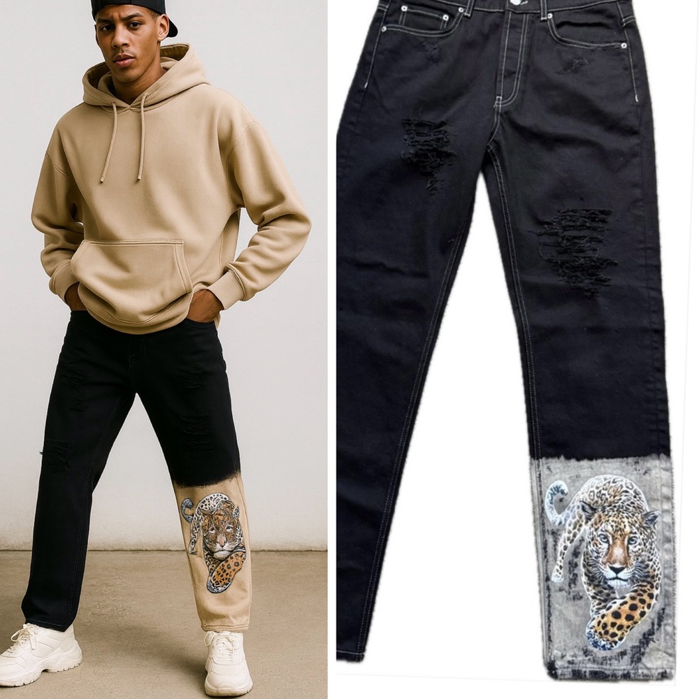 NWOT Zara Men’s Black Distressed Jeans W32 L33 Upworked with Leopard Art